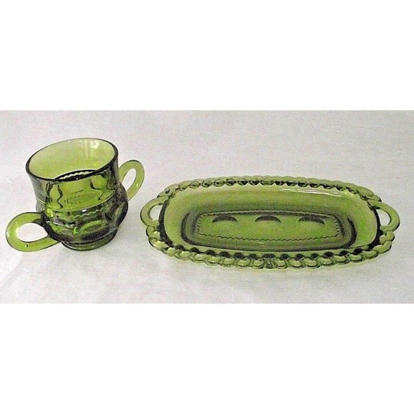 Kings Crown Green Indiana Glass Creamer Dish Thumbprint Butter Replacement Vtg - Picture 2 of 9